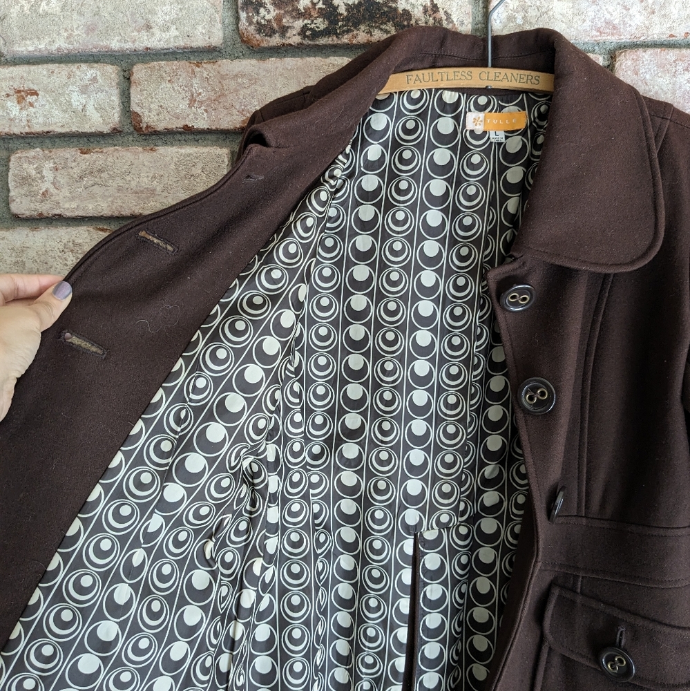 🍂 Tulle Peter Pan Collar Brown Coat Mod Lining Size L - Picture 2 of 8